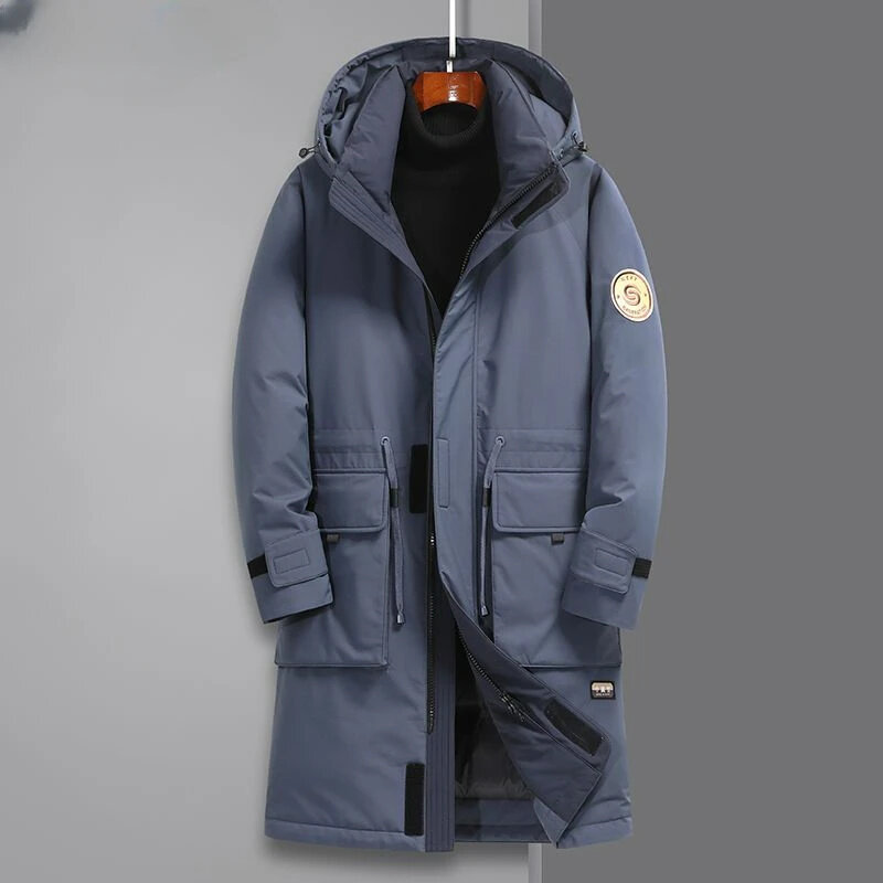 Casaco de parka de comprimento médio masculino, boné com capuz, casaco quente espesso, na moda, baixo, inverno, 2024