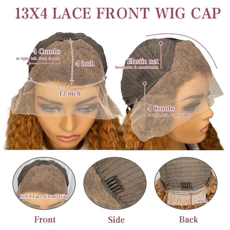 Peluca de cabello humano rizado para mujeres negras, postizo de encaje Frontal profundo, color rubio miel, marrón, 13x4, densidad del 180