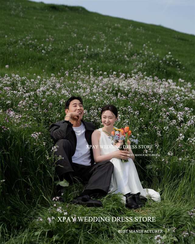 XPAY O Neck abito da sposa matrimonio stile coreano elegante senza maniche abito da sposa in raso morbido per servizio fotografico Backless Custom Made