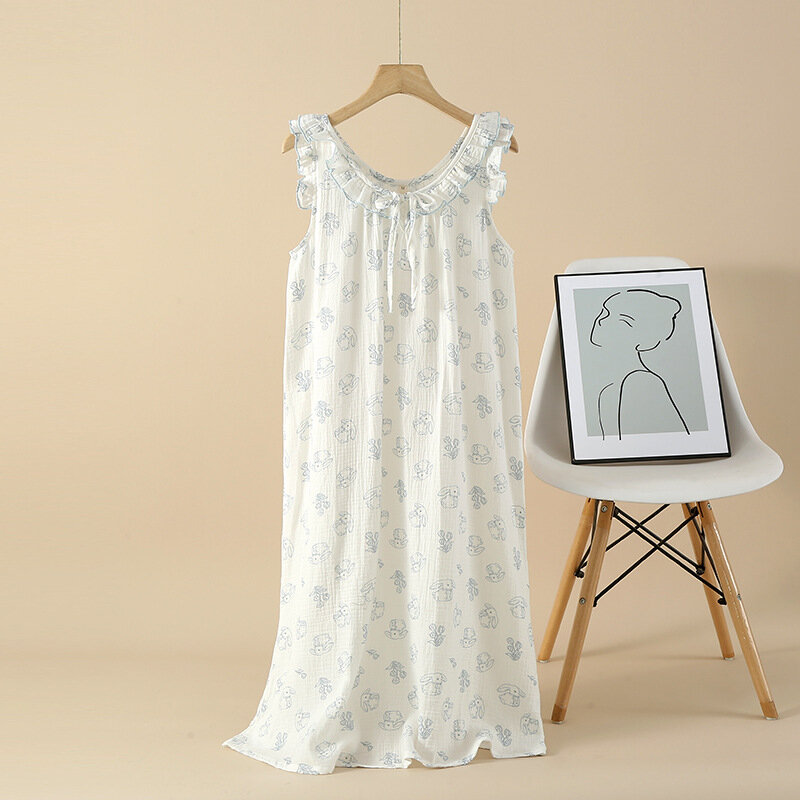 Letnia piżama Seersucker z szelkami Cartoon Rabbit dla kobiet fajna i oddychająca odzież domowa luźna i wygodna bielizna nocna