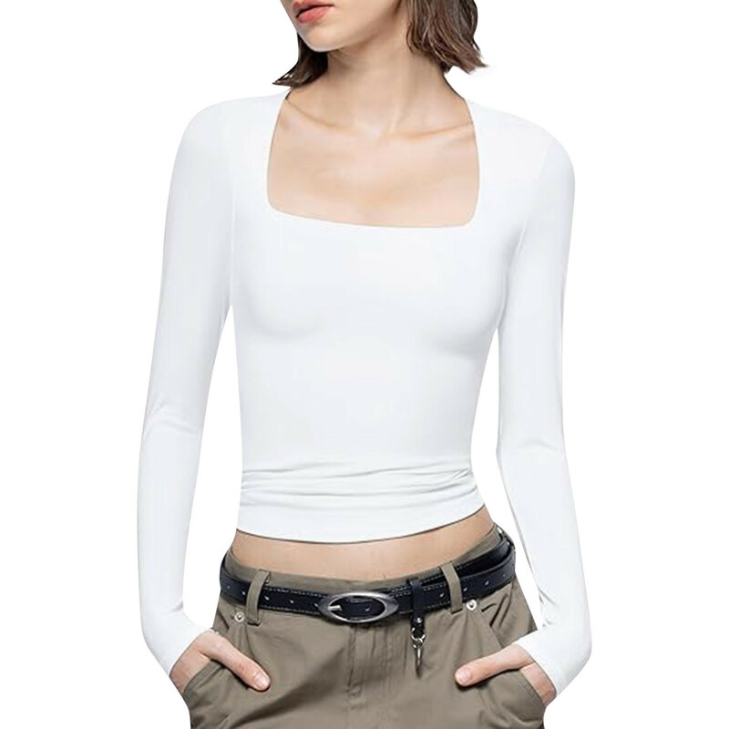 Женская Повседневная простая Однотонная рубашка с квадратным вырезом, облегающий Топ с длинным рукавом