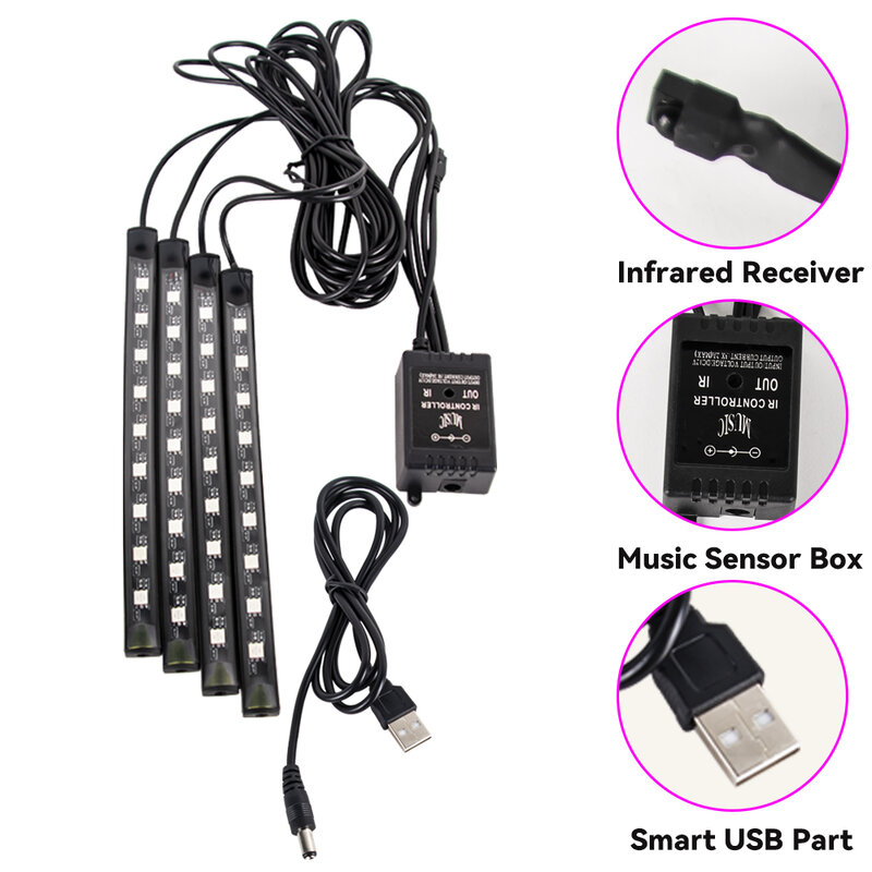 LED 자동차 인테리어 앰비언트 풋 라이트, USB 무선 원격 음악 앱 제어, 자동 RGB 분위기 장식 램프, 네온 48, 72