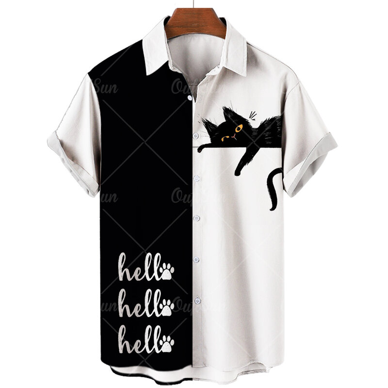 Kemeja Pantai Hawaii Musim Panas Kaus Lengan Pendek Pantai Fashion Hewan Kucing 3D Retro Kemeja Besar Pria Camisa Masculina 5XL