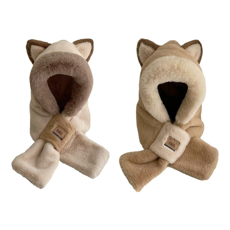 Plush Hooded Scarf Comfort Neck Warmer Cartoon Winter Hat Scarf Set for Outdoor Parties Travel Stage Performance Holiday Gift