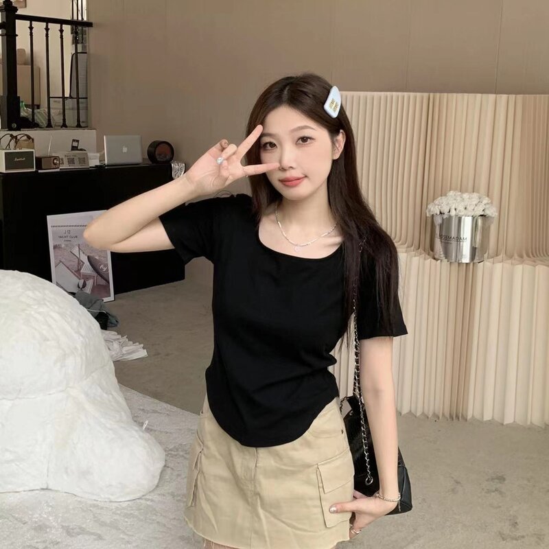 Plus size Fat Girl Belly Covering Slimming Chic Sweet Shoulder Square Collar T-shirt Women 2023 Summer New Western Sle Top