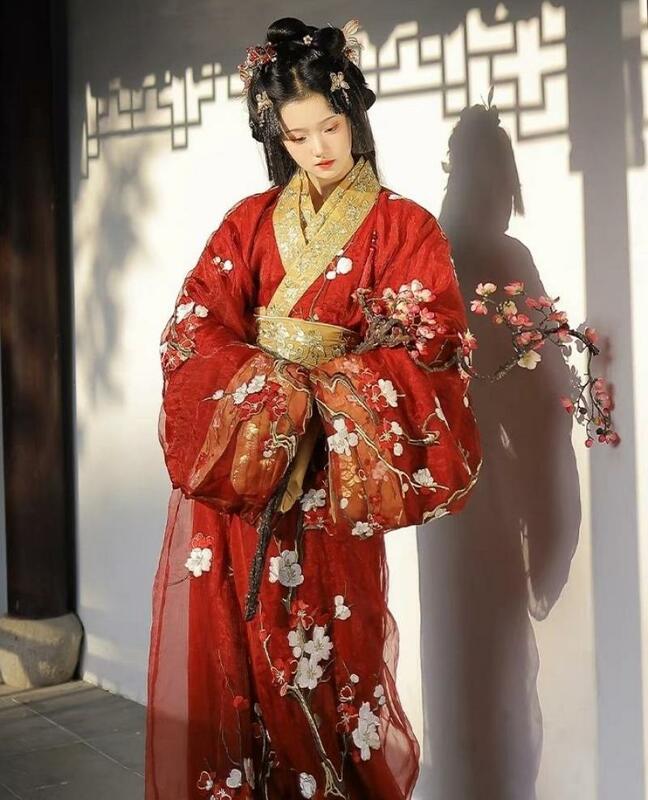 Túnica Hanfu frontal reta para mulheres, estilo chinês, requintado bordado em flor de ameixa, temperamento elegante, flor decorativa, nova