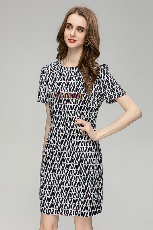 Женское мини-платье с коротким рукавом, летнее элегантное платье с круглым вырезом и геометрическим принтом