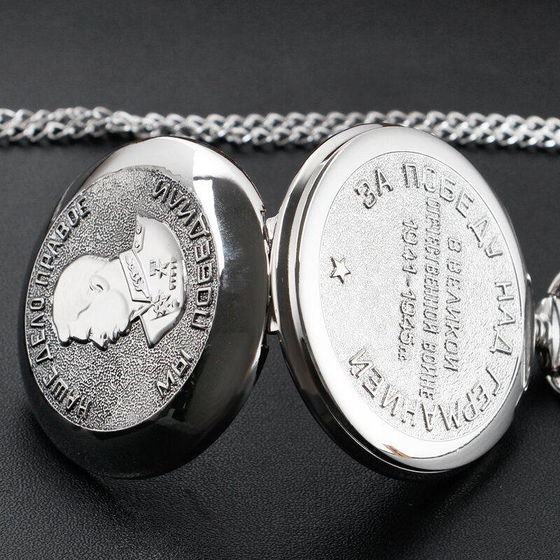 Vintage Silber Taschenuhr Männer klassische sowjetische Kommandeur Quarzuhr Anhänger Uhren Halskette Kette карманные часы