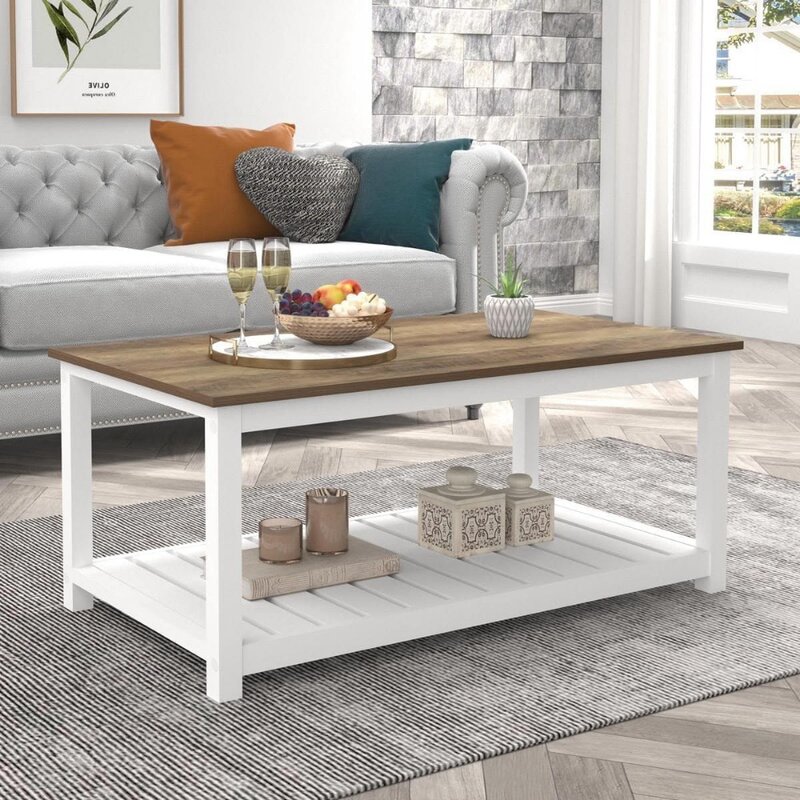 FOLUBAN Farmhouse Coffee Table with Storage Shelf, Rustic Vintage Wood Cocktail Table for Living Room, White