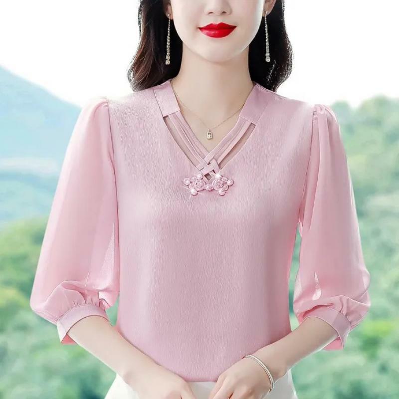 Женская шифоновая блузка с V-образным вырезом и рукавом 2024