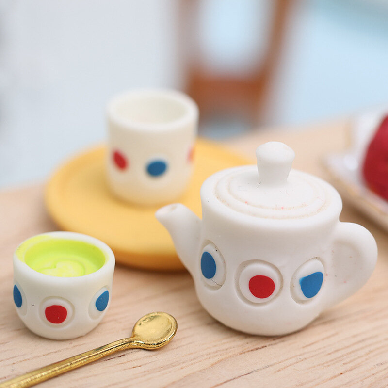 Makanan Mini bermain teh cangkir Pot tiga potong Set rumah boneka Dekorasi peralatan dapur makan mainan rumah bayi furnitur