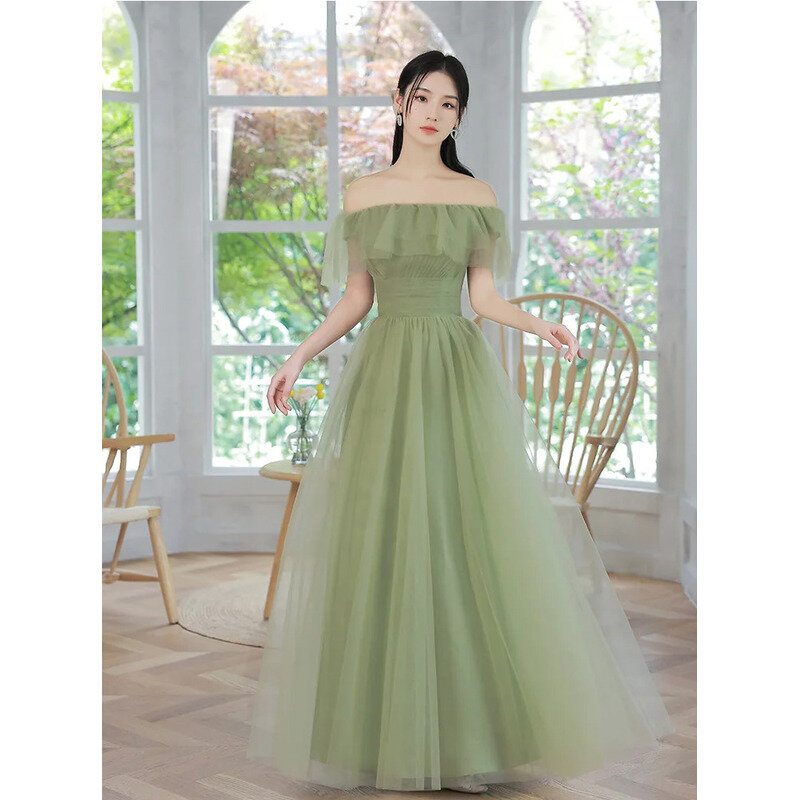 KF vestido de dama de honor verde, traje de boda largo de tul, línea A, para actividades al aire libre, vestidos de banquete, Vestidos de Noche de boda delgados, Verano