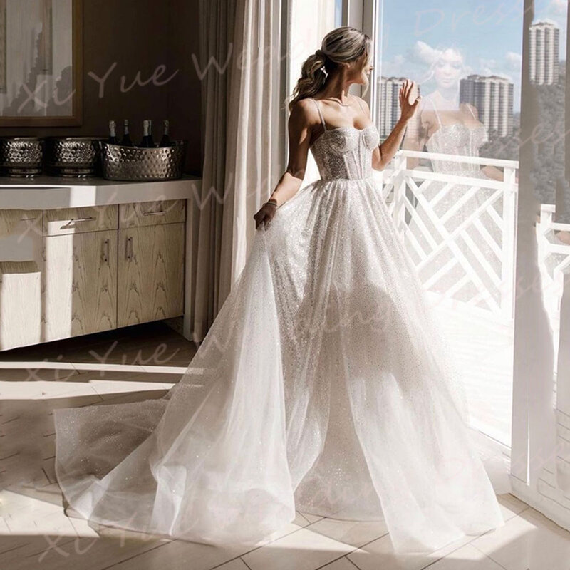 Gaun pernikahan wanita garis A berkilau Modern 2024 gaun pengantin tali Spaghetti seksi cantik Vestidos tanpa lengan punggung terbuka