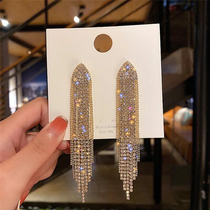 LATS New Classic Shiny Crystal Earrings Exaggerated Long Tassel Rhinestone Drop Earring for Women 2022 Korean Fashion Jewelry