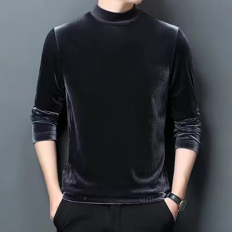 Modne męskie aksamitne pół golf t-Shirt pulower jednolity kolor długi sweter z rękawem obcisła koszulka t-Shirt topy męskie ubrania