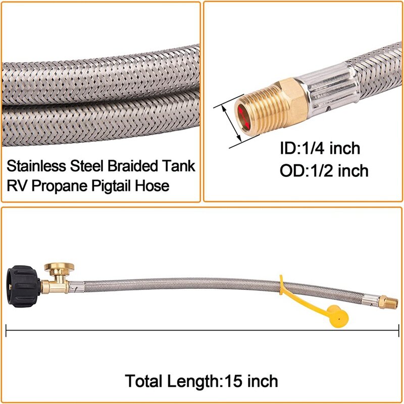 2 Pack 15 Inch RV Propane Hose RV Propane Hose With Gauge For 5-40Lb Tanks - Stainless Braided Propane Hose Quick Connect