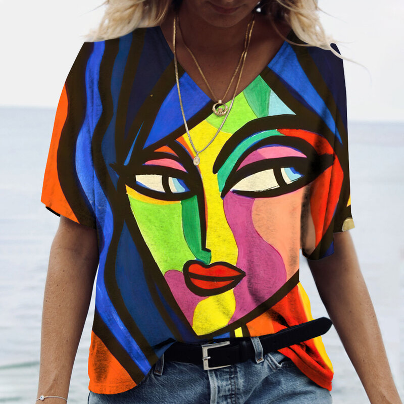 Damska koszulka z dekoltem w serek alfabet 3d moda Y2k Streetwear letnia krótka koszulka damska Oversized trójnik żeński koszulka sportowa Oversized