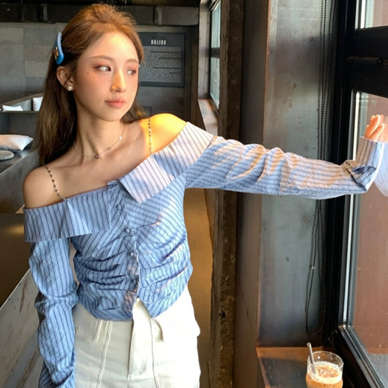 Женская Полосатая Рубашка с открытыми плечами, офисные повседневные весенние шикарные Блузы на пуговицах с воротником-лодочкой в Корейском стиле, уличная одежда с длинным рукавом