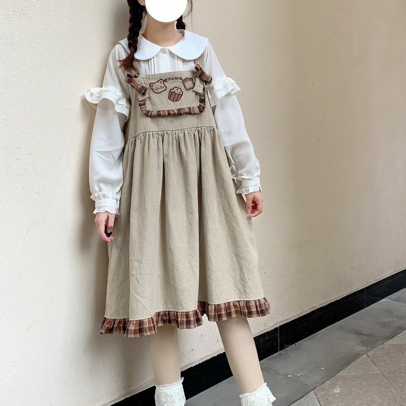 Nette Cord Lose Rüschen Patchwork Plaid Overalls Qweek Kawaii Lolita Kleid Japan Bär Druck Japanischen Lolita Süße Kleider