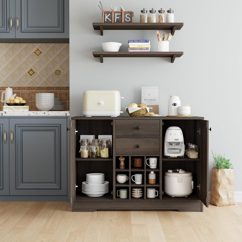 Buffet Sideboard Bar Cabinet with Storage, Farmhouse Coffee Bar Cabinet with 2 Drawers and Adjustable Shelves,