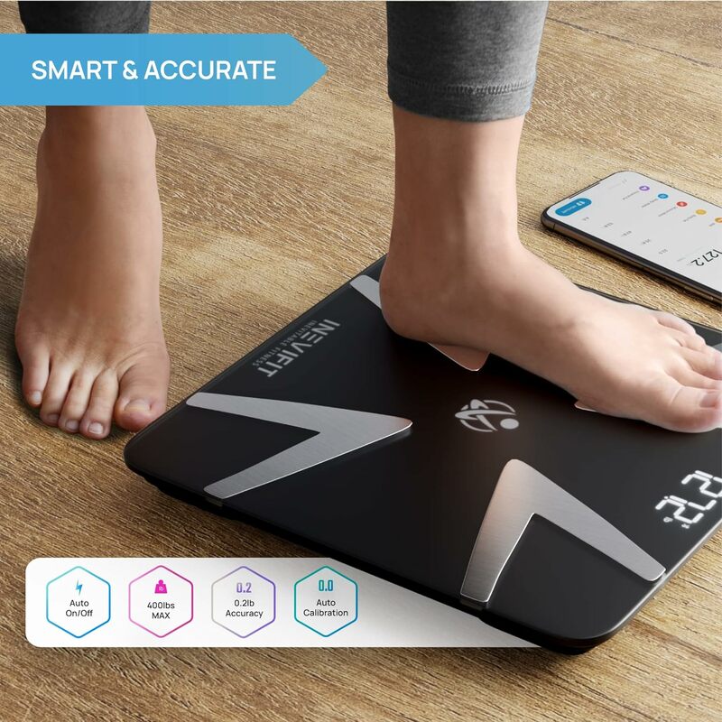 INEVIFIT bilancia intelligente per il grasso corporeo, analizzatore di composizione corporea del bagno digitale Bluetooth altamente accurato misura il peso BMI