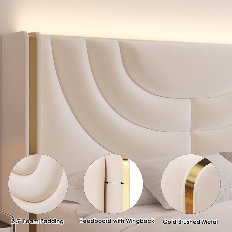 퀸 사이즈 침대 커버 LED 프레임, 보관 서랍 2 개, 벨벳 플랫폼 침대, 윙백 헤드보드 침대