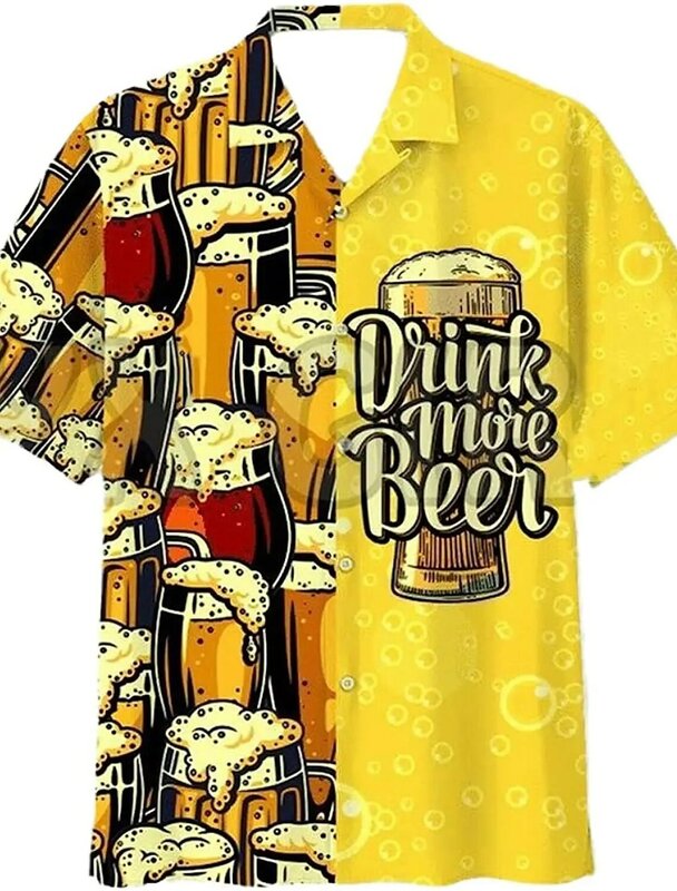 Camisa havaiana masculina com estampas gráficas, camisa casual, manga curta, roupa com botões, roupa tropical, caixa aberta, estampa de cerveja, verão