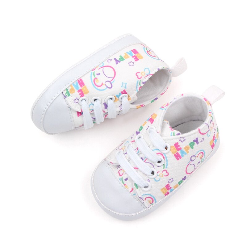 Baby Boys Girls Crib Shoes Cartoon Print Tie-Up Sneakers Non-Slip Infant First Walkers 0-18M