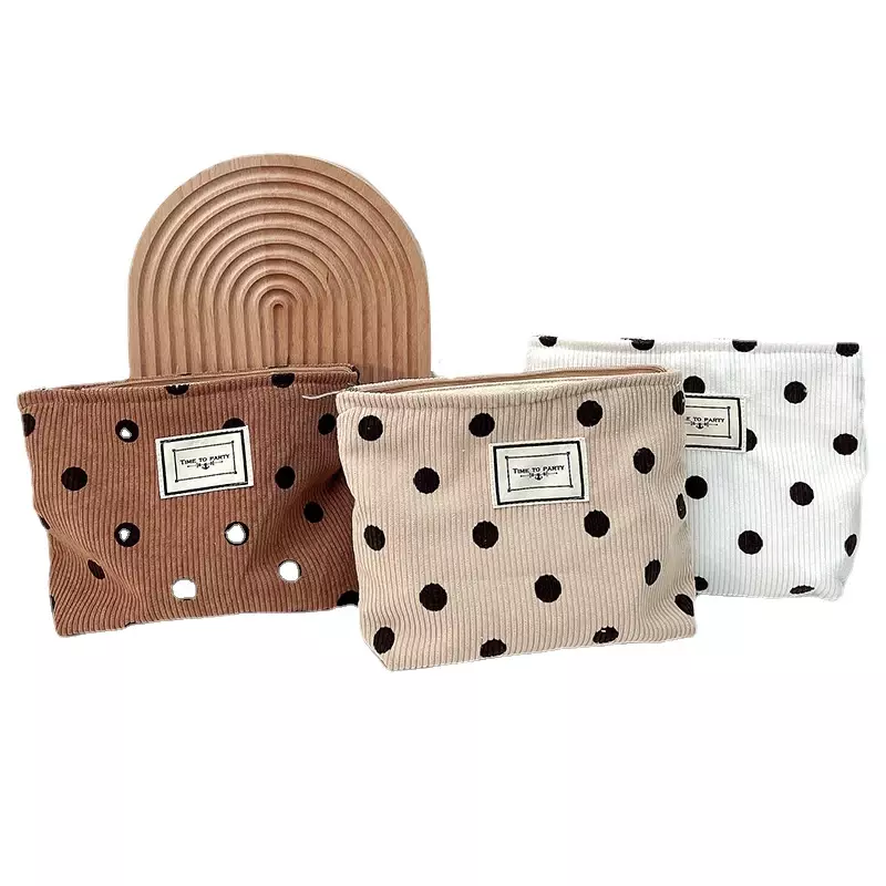 Vintage Dot Corduroy Cosmetic Bag with Zipper for Women Large Capacity Travel Makeup Bag Storage Bag Toiletry Organizer Pouch
