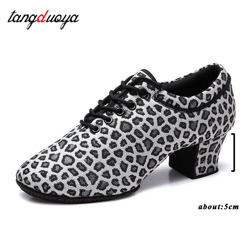 Sapatos Leopardo Latino para Mulheres, Saltos de 5cm, Tênis Dançantes, Jazz, Tango, Salsa, Salão de Baile Moderno, Professor