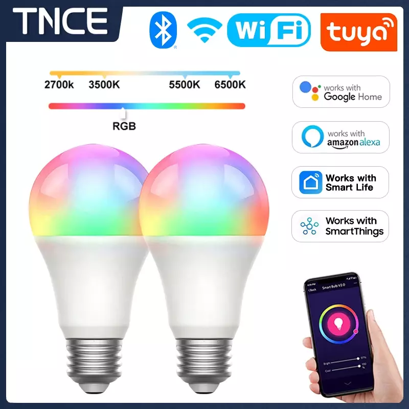 หลอดไฟ E27 tnce Tuya Wi-Fi บลูทูธที่สามารถหรี่แสงได้หลอดไฟ LED 2700-6500K RGB แอปสมาร์ทไลฟ์ด้วย Alexa Google Home