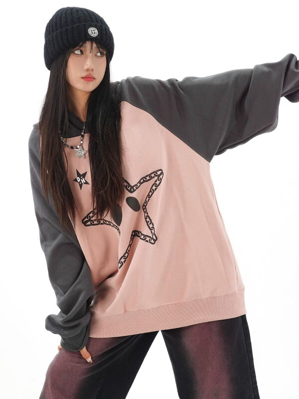 Deeptown Vintage Sterrint Hoodies Vrouwen Harajuku Hiphop Patchwork Sweatshirts Losse Casual Paar Y 2K Tops Grunge Streetwear