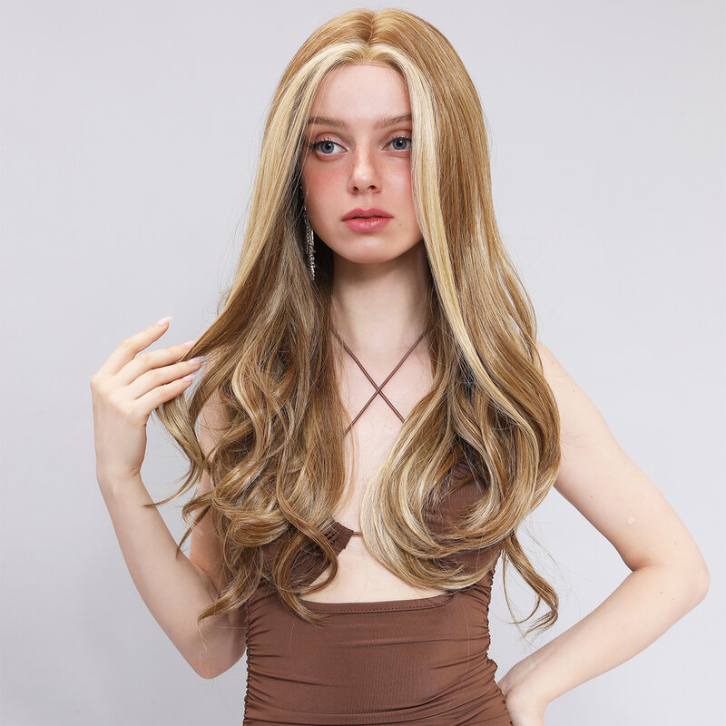 Smilco-perucas encaracoladas frente de renda sintética para mulheres, loira omber, onda longa, invisível, peruca pré-arrancada, diária, resistente ao calor