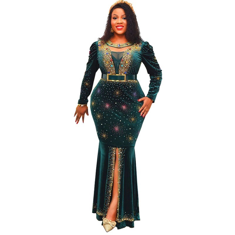 2024 African Dresses for Women Spring African Women Long Sleeve Velvet Mermaid Evening Party Robes African Clothes Maxi Dress