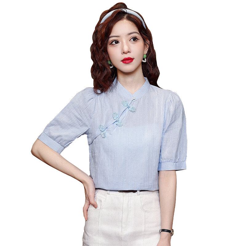 Blusa Retro de estilo chino con hebilla para mujer, camisa de manga corta, Tops, ropa de verano