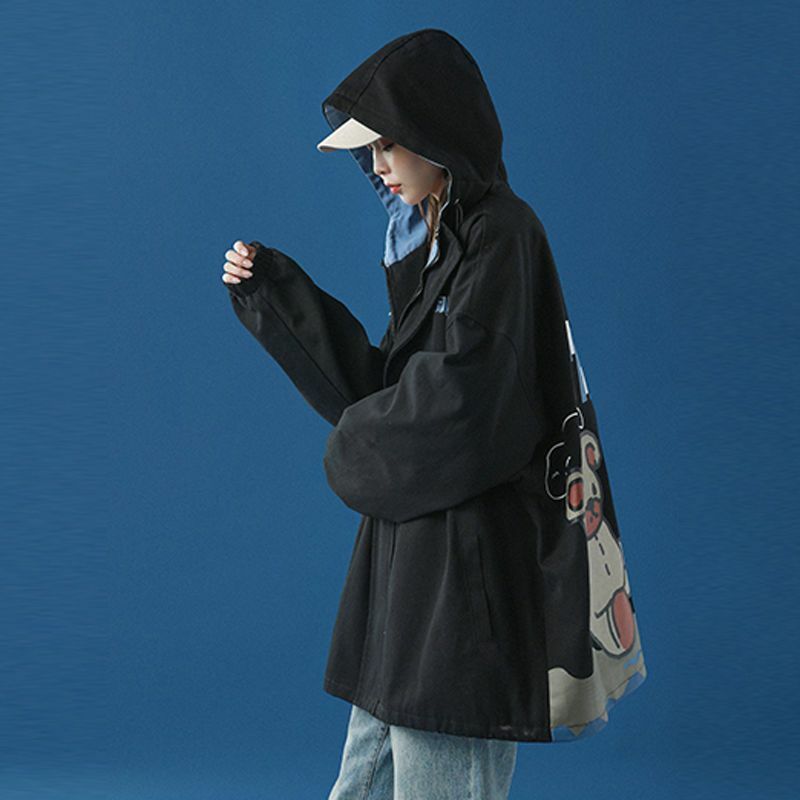 Korean Style Kawaii Print Jacket Female Student Loose Ins Girl Zipper Solid Baseball Uniform Tops