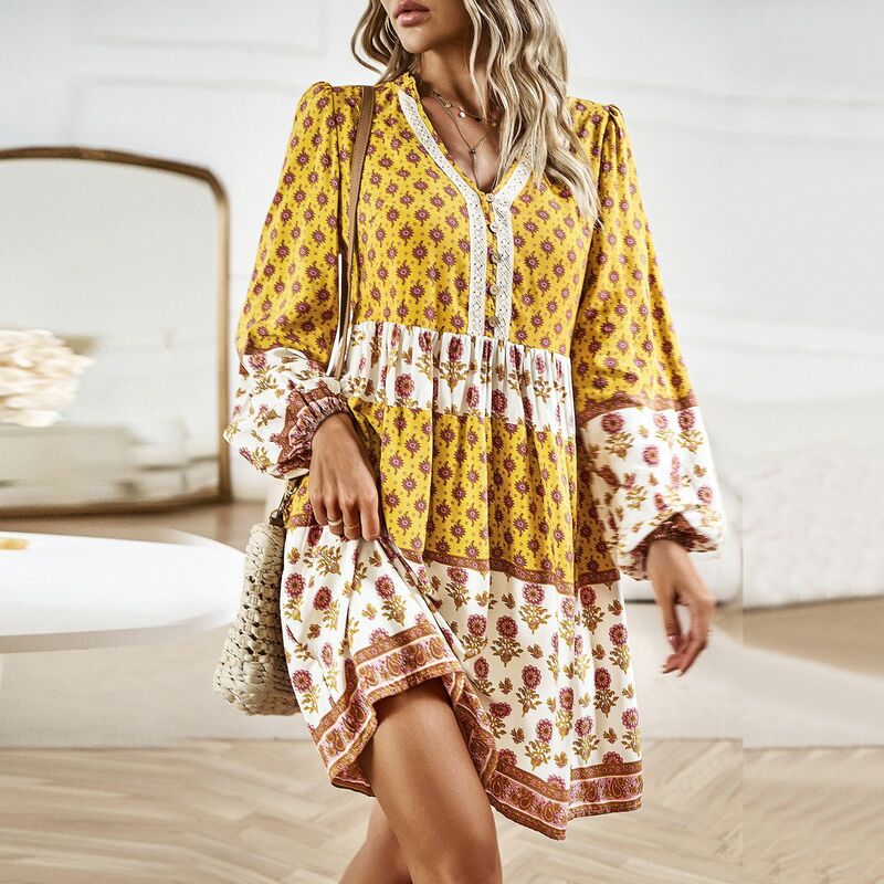 YEAE Bohemian Style Dresses Printed Floral Long Sleeve Women's Short Dresses Vacation Casual Partywear A-Line Dresses 2024 New