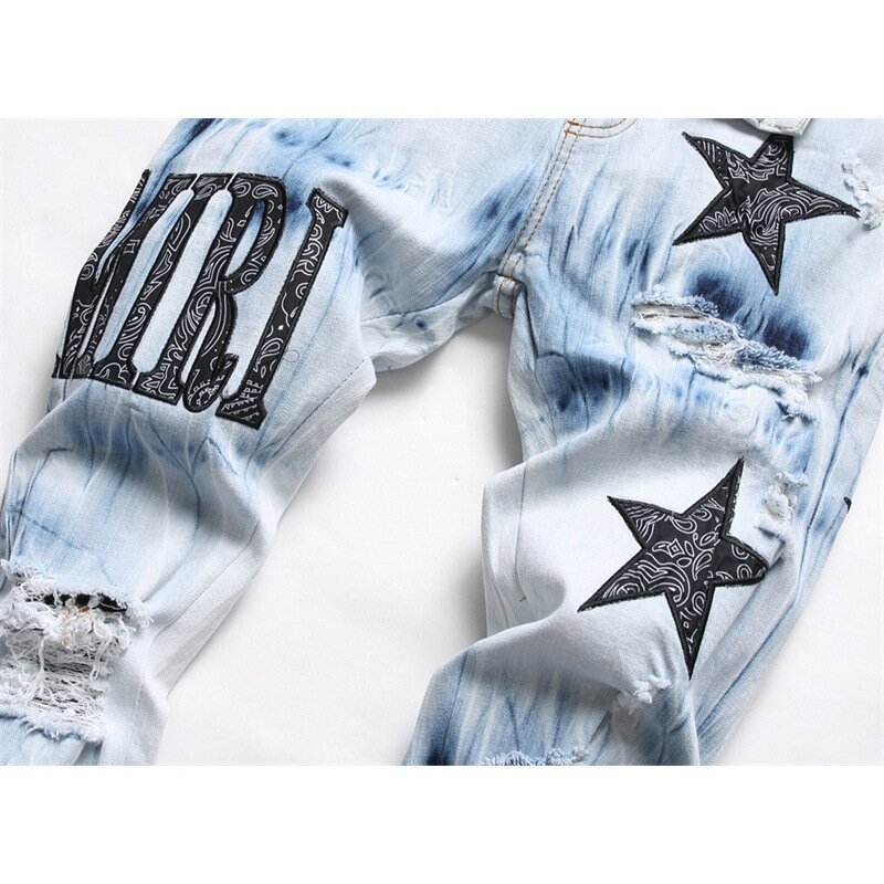 Jeans estrela bordada de cinco pontas masculino, pés elásticos slim fit, cor clara, calça de motocicleta de rua, moda