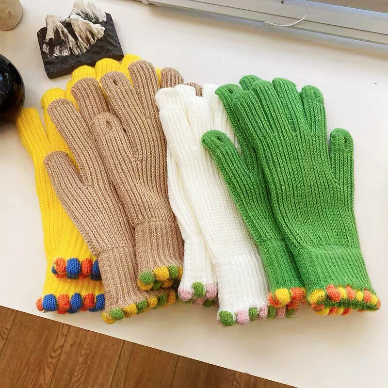 Manoplas coreanas cálidas de cinco dedos para pantalla táctil, guantes gruesos de punto de Color puro, accesorios para regalos para mujeres