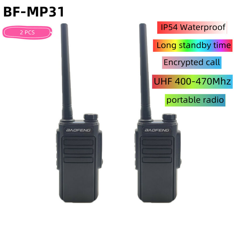 2 peças baofeng mp31 walkie talkie uhf 400-470mhz chamada criptografada rádio portátil tipo-c carga direta pequena ip54 à prova dwaterproof água