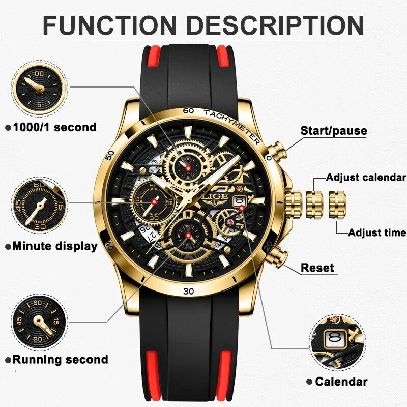LIGE 2023 modne zegarki dla kobiet damska luksusowa marka kwarcowa silikonowy zegarek damska codzienna wodoodporna chronograf żeńska Montre