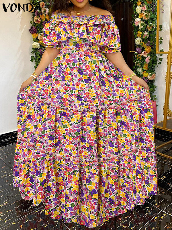 VONDA 보헤미안 플로럴 프린트 맥시 롱 드레스, 2023 여름 여성 캐주얼 루즈 러플 비치 반팔 파티 로브, 플러스 사이즈 5XL