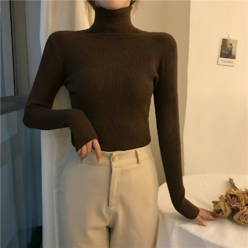 Wszechstronne swetry nowa kobieta jesienno-zimowy golf z długim rękawem solidny sweter damski koreański, Slim obcisły sweter w 11 kolorach