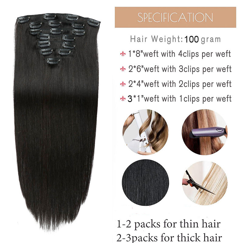Rechte Clip In Hair Extensions Human Hair 8 Stks/set Met 17Clips Dubbele Inslagclip In Human Hair Extensions Natural Black 1b #