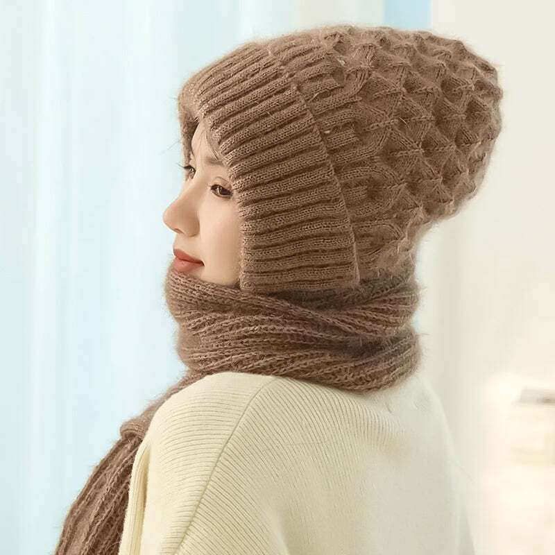 Fashion Women Hat And Scarf Winter Warm Knitting Squirrel Velvet Snow Cap Plush Ear Protection One-Piece Knitted Scarf Hats 2023