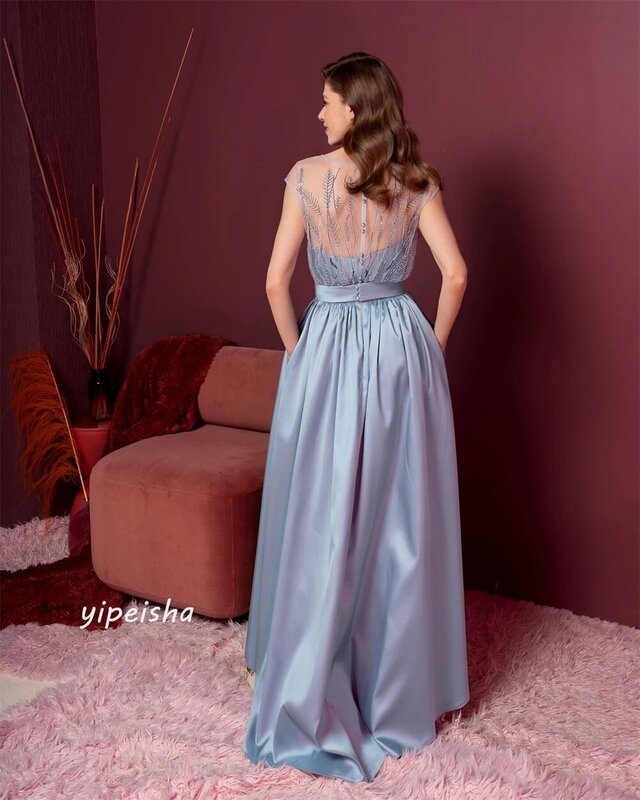 Ball Dress Evening Saudi Arabia Satin Sequined Beading Ruched Bow Beach A-line O-Neck Bespoke Occasion Gown Long Dresses