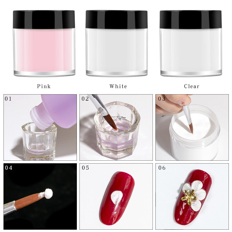 3 Warna 1 Buah Bubuk Akrilik untuk Seni Kuku Polimer Tips Builder Pink Clear White Kuku Profesional Akrilik Bubuk Kuku Cair