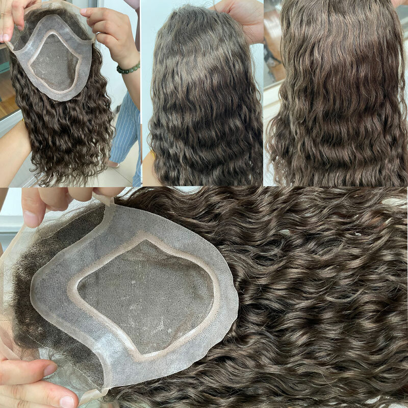 Naturalny falisty peruka dla mężczyzn System wymiany ludzkich włosów Mono peruka damska z cienką skórą Pu i francuska mocna koronkowa proteza przednia kawałki włosów 12