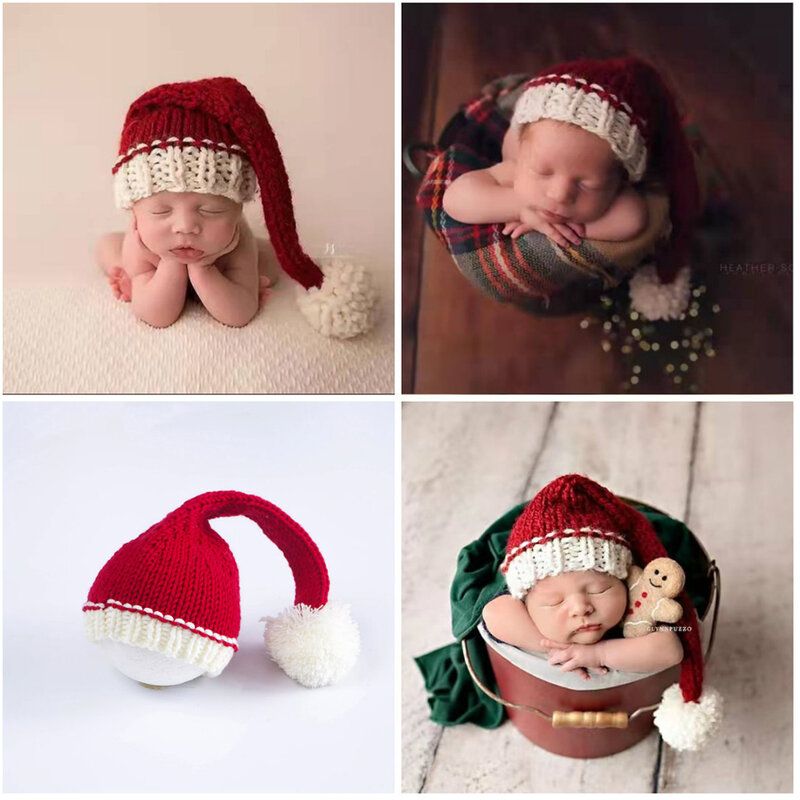 Newborn Photography Props Christmas Themed Red Knitted Hat Jumpsuit Photo Shoot Newborn  Accessories Bodysuit For Baby
