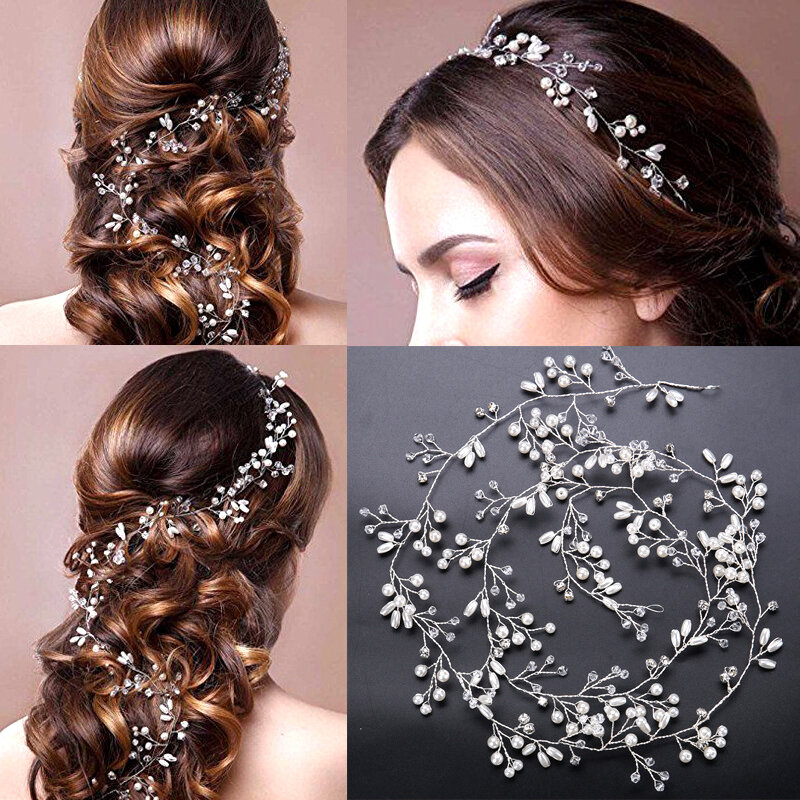 Bando kristal mutiara aksesori rambut pernikahan pengantin hiasan kepala berlian imitasi jepit rambut karet rambut pengantin ornamen hadiah perhiasan pesta